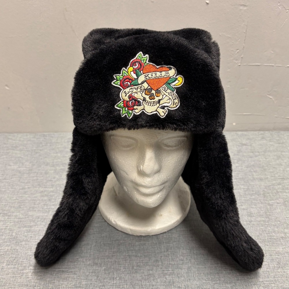 Ed Hardy Trapper Hat Unisex OS Black Faux Fur Love Kills Slowly Tattoo Ushanka
